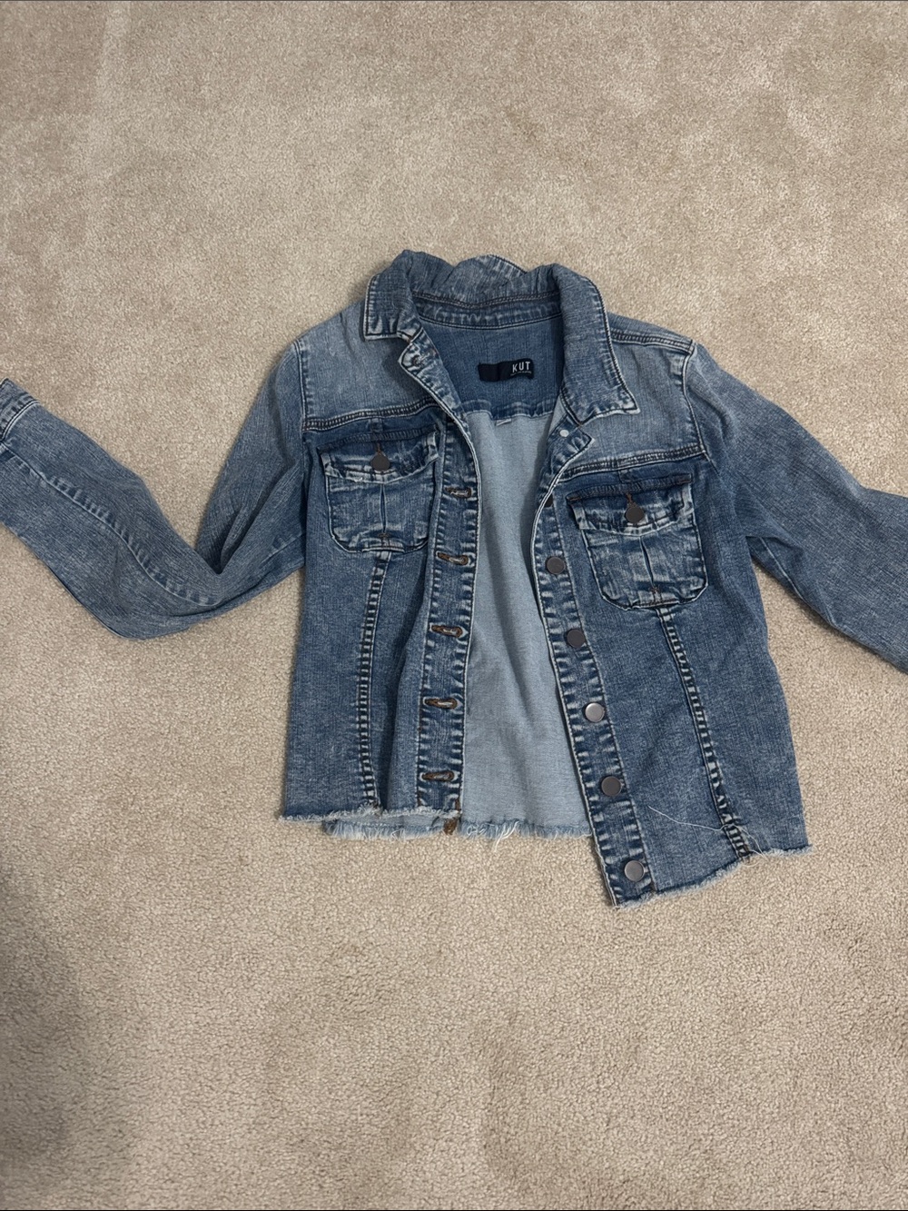 Kut from the Kloth Washed Blue Distressed Hem Denim Jacket